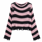 Women's Striped Distressed Knit Pullover Sweater