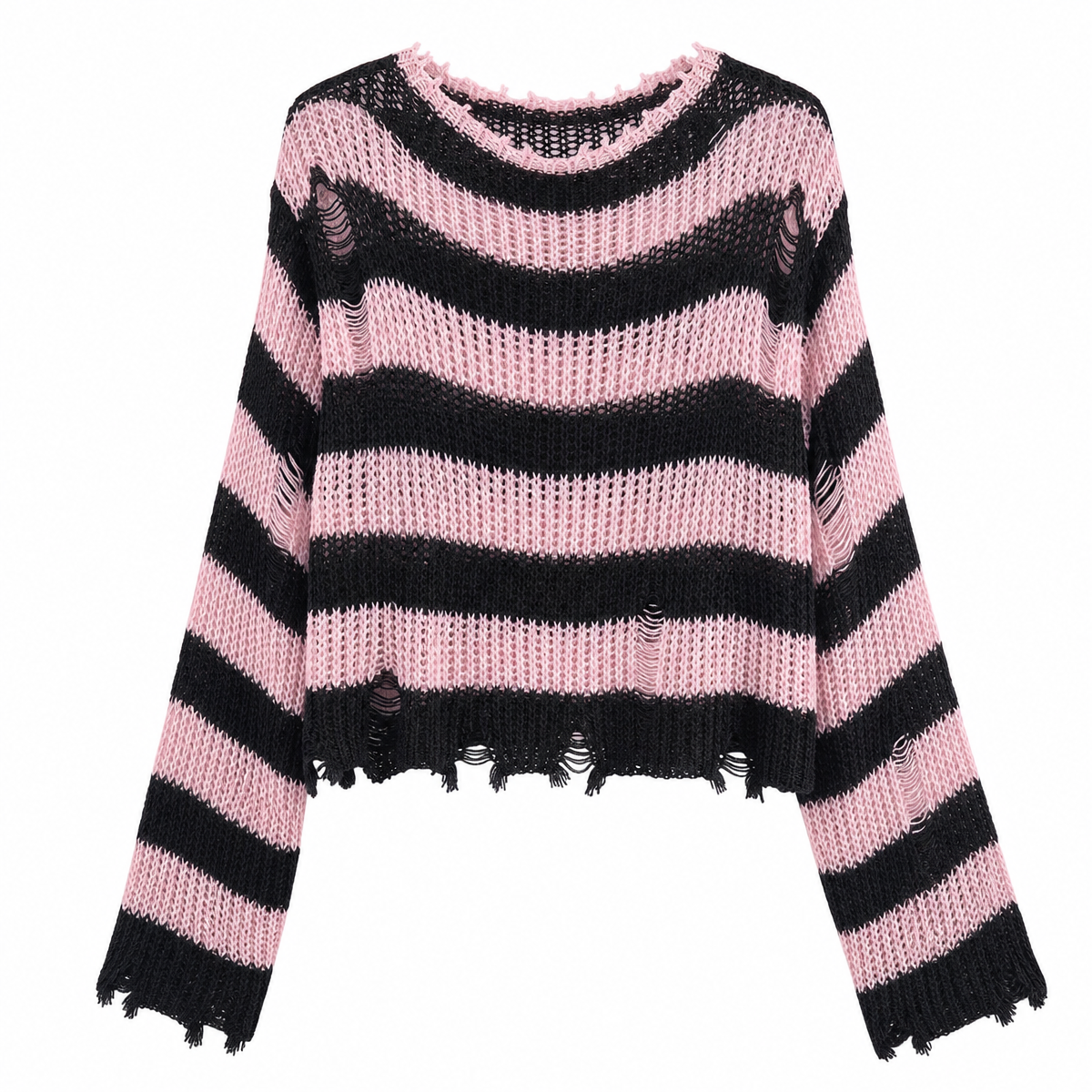 Women's Striped Distressed Knit Pullover Sweater