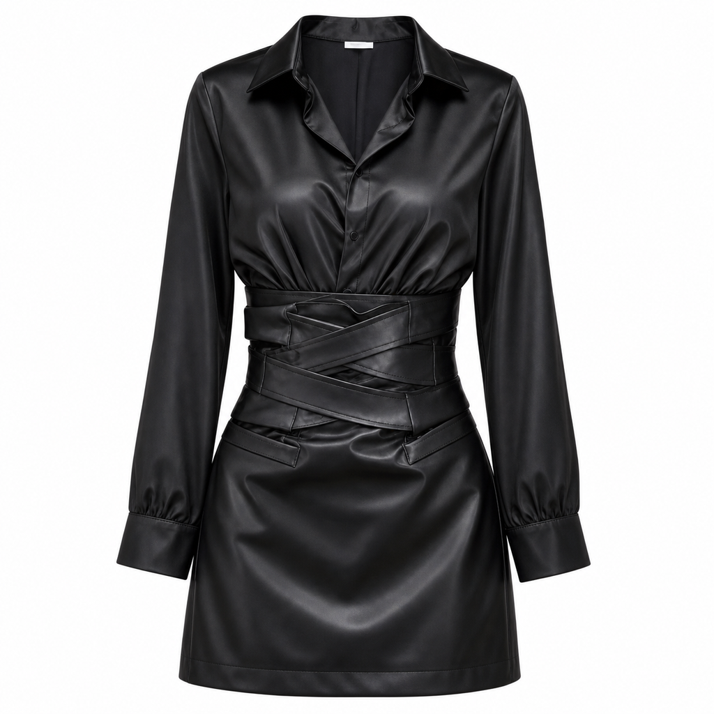 Women's Black Long-Sleeve Wrap-Waist Dress