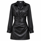 Women's Black Long-Sleeve Wrap-Waist Dress