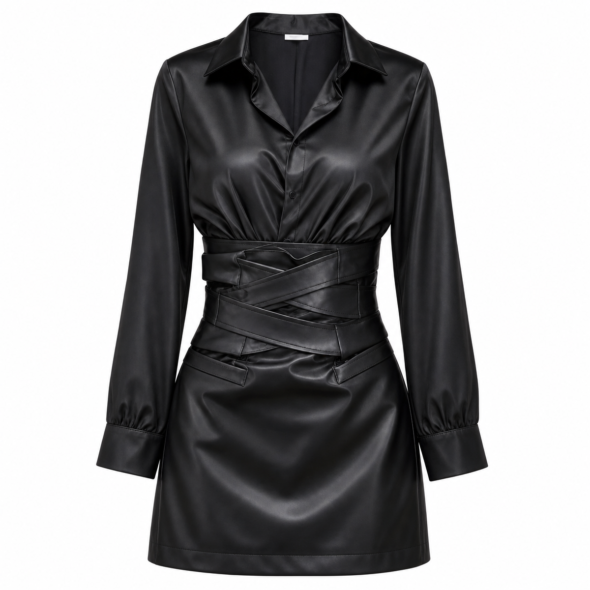 Women's Black Long-Sleeve Wrap-Waist Dress