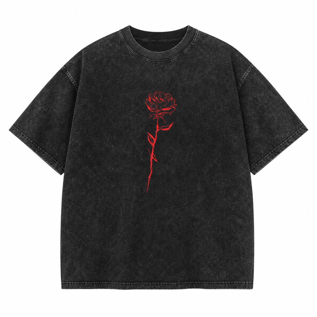 Washed Black T-Shirt with Red Rose Graphic