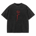 Washed Black T-Shirt with Red Rose Graphic