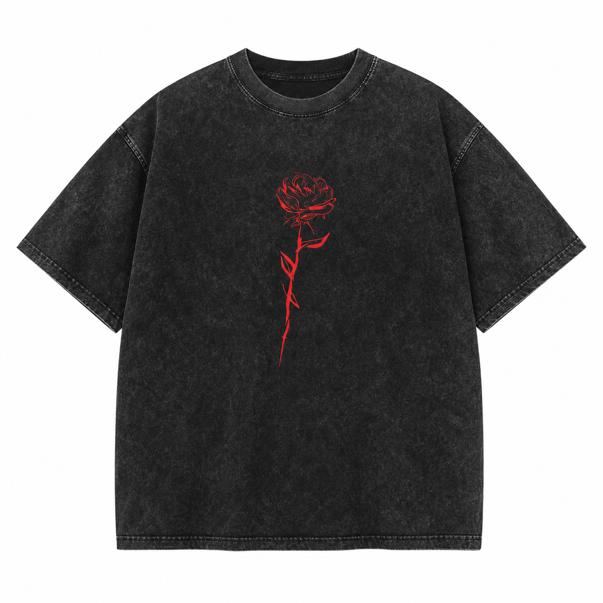 Washed Black T-Shirt with Red Rose Graphic