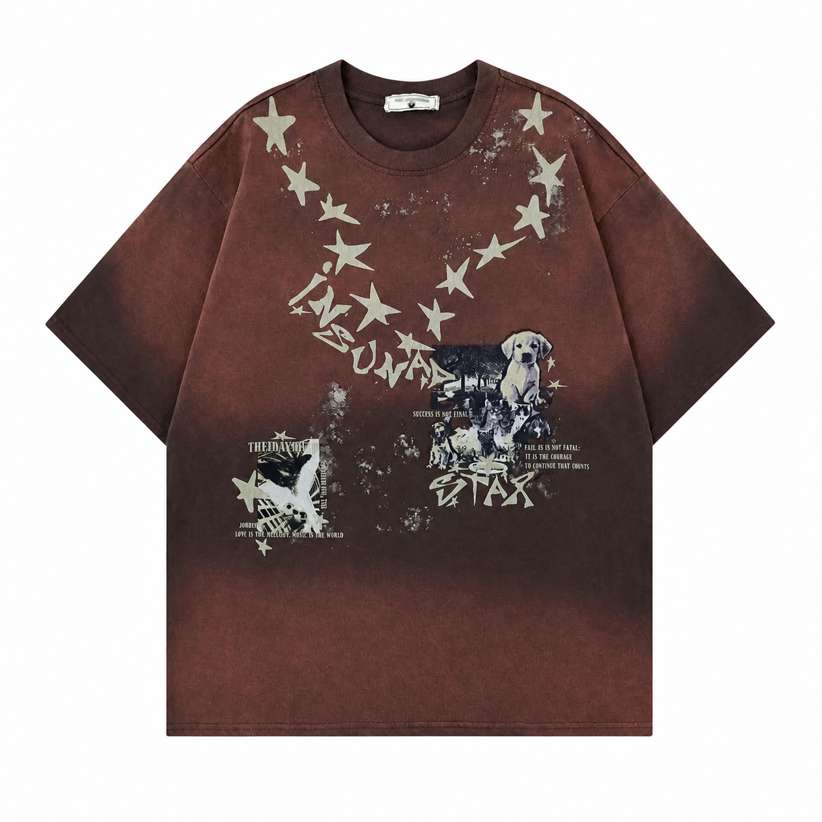 Grunge Puppy Print Distressed Cotton T-Shirt