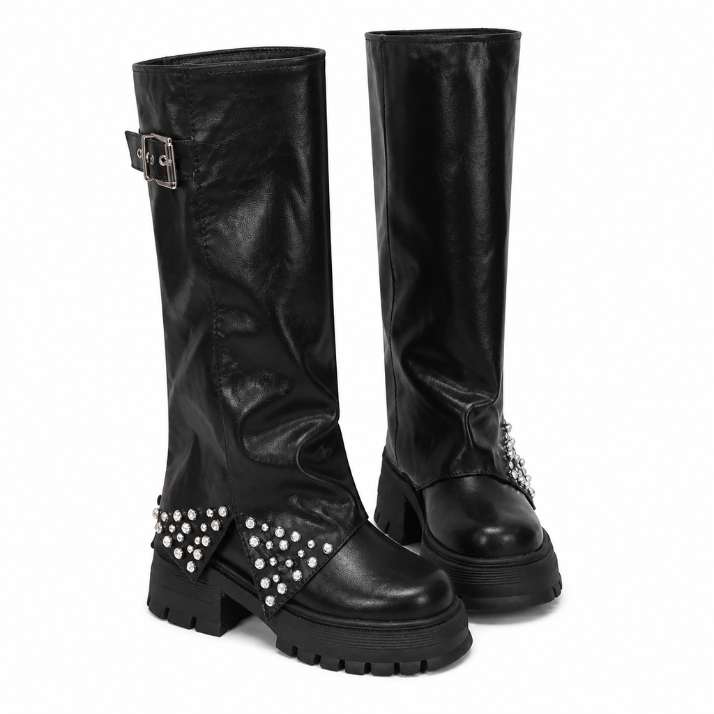 Grunge Rhinestone Knee-High Platform Boots with Buckle Strap