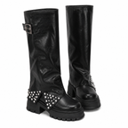 Grunge Rhinestone Knee-High Platform Boots with Buckle Strap