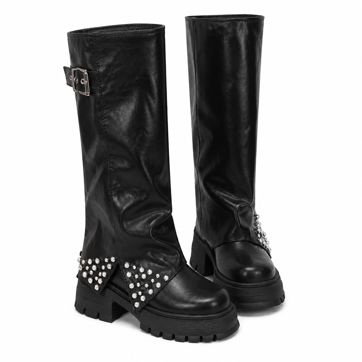 Grunge Rhinestone Knee-High Platform Boots with Buckle Strap