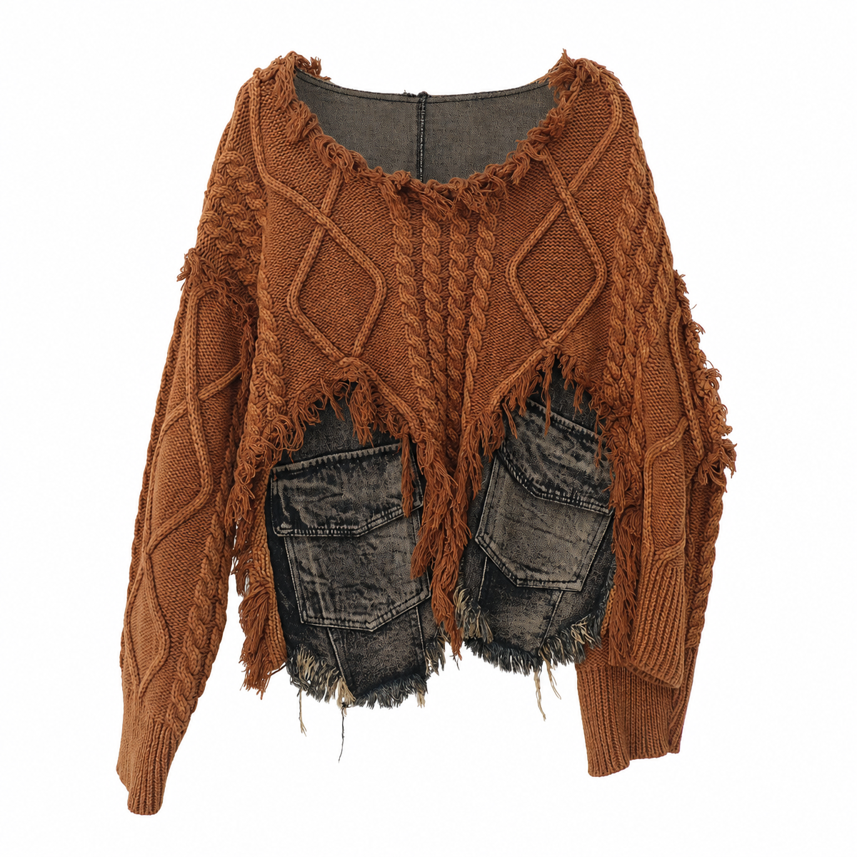 Women’s Patchwork Knit Pullover Sweater with Fringed Edges