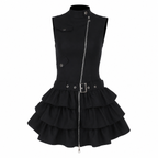 Grunge Black Sleeveless Zip-Front Tiered Dress