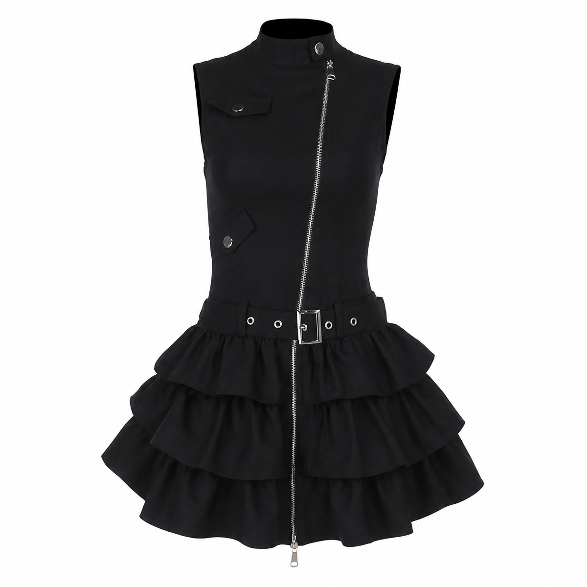 Grunge Black Sleeveless Zip-Front Tiered Dress