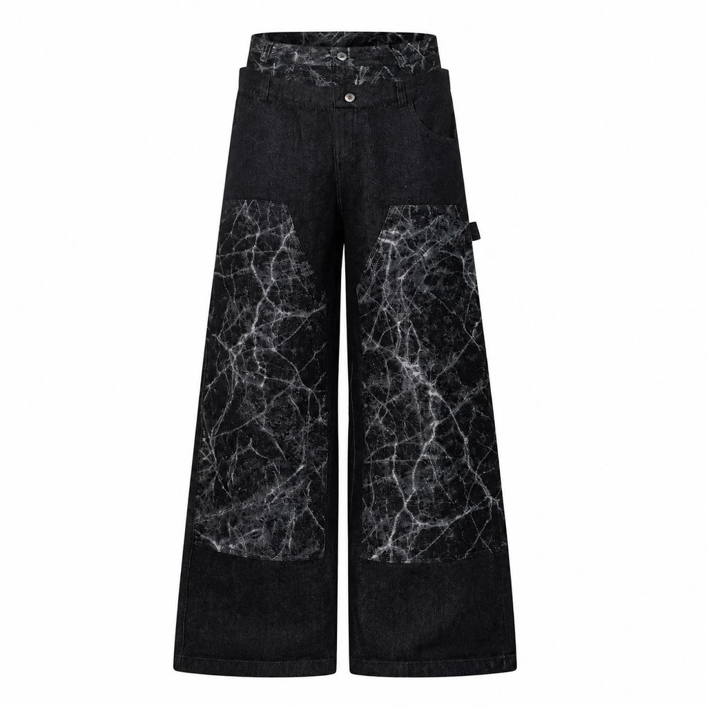 Grunge Black Patchwork Wide-Leg Jeans