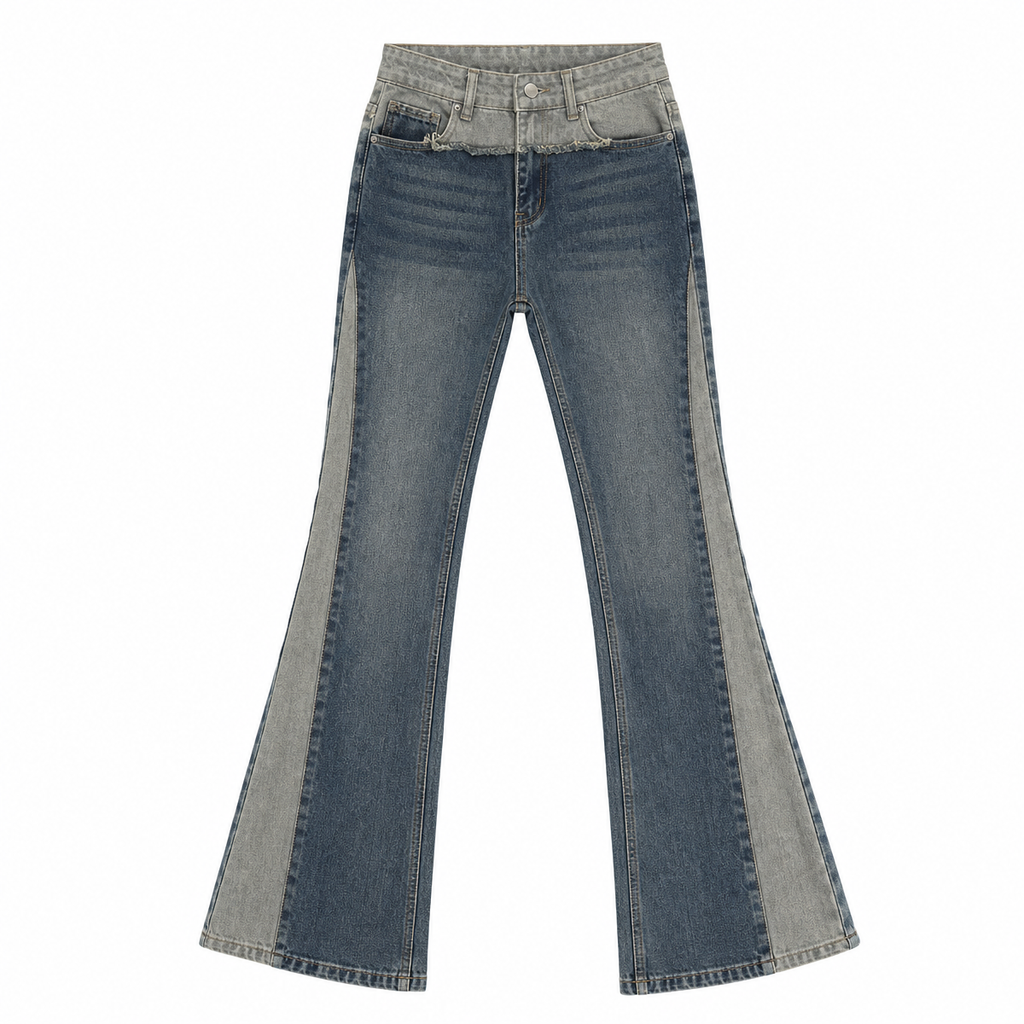 Women’s Blue Patchwork High-Waist Bootcut Jeans