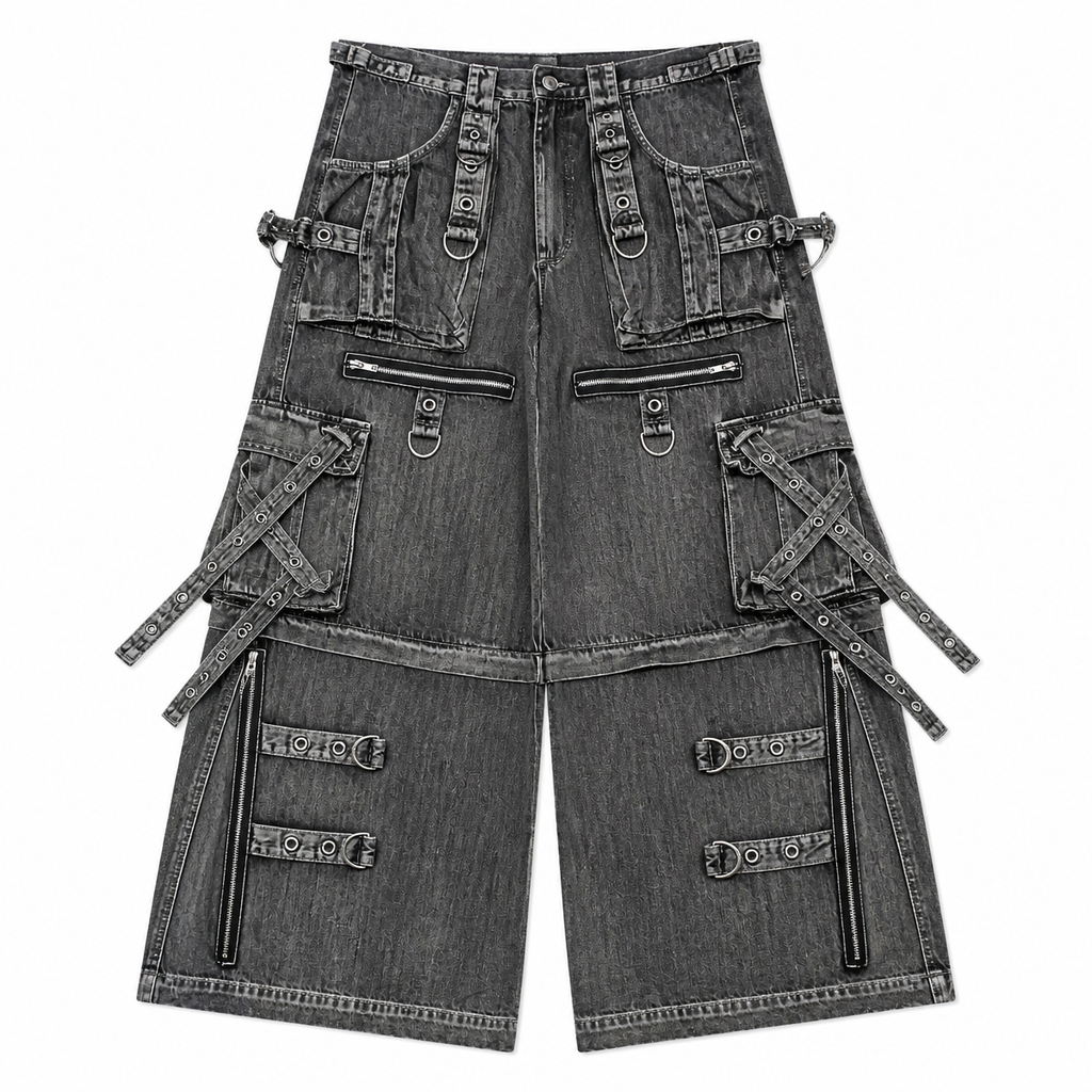 Grunge Multi-Pocket Washed Wide-Leg Jeans