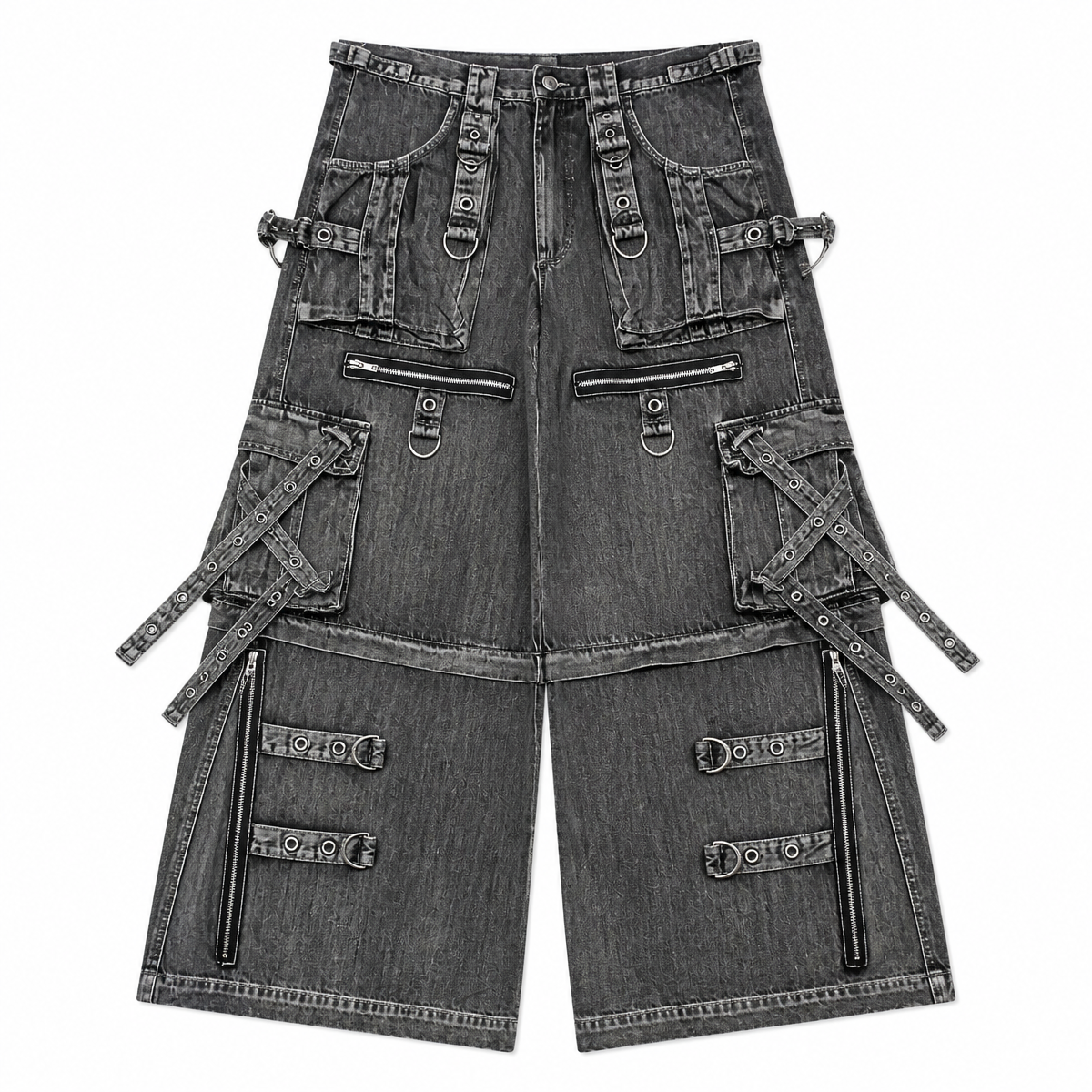 Grunge Multi-Pocket Washed Wide-Leg Jeans