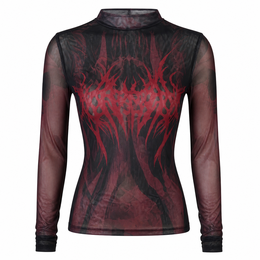 Grunge Gothic Mesh Long-Sleeve Top with Geometric Print