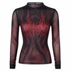 Grunge Gothic Mesh Long-Sleeve Top with Geometric Print