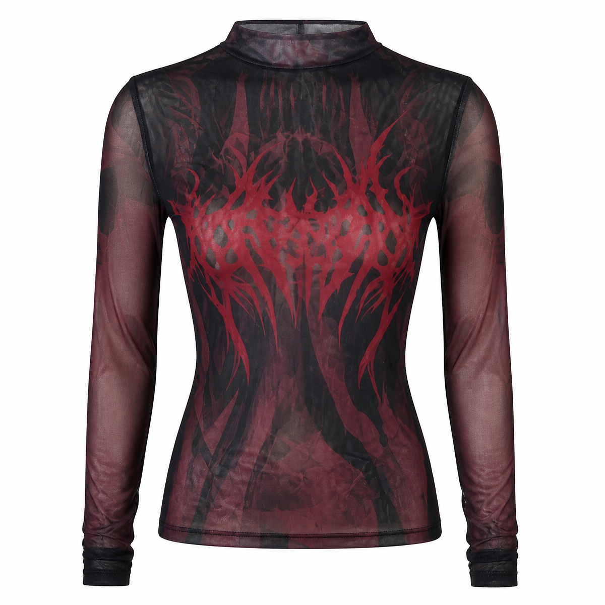 Grunge Gothic Mesh Long-Sleeve Top with Geometric Print
