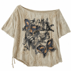 Women's Khaki Butterfly Graphic Off-Shoulder T-Shirt