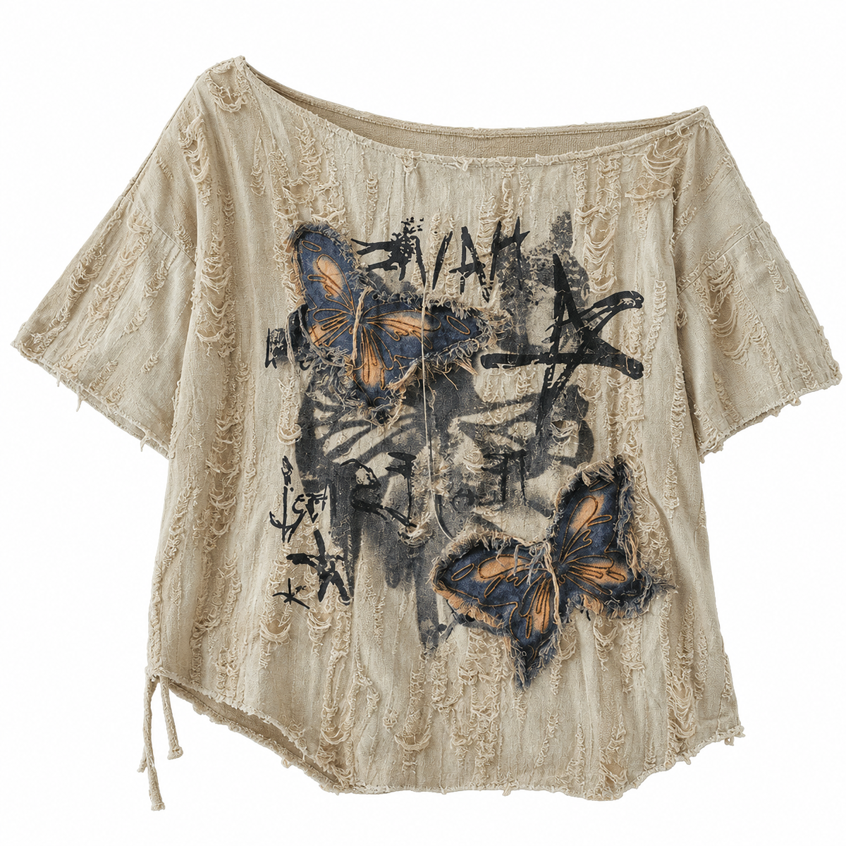 Women's Khaki Butterfly Graphic Off-Shoulder T-Shirt