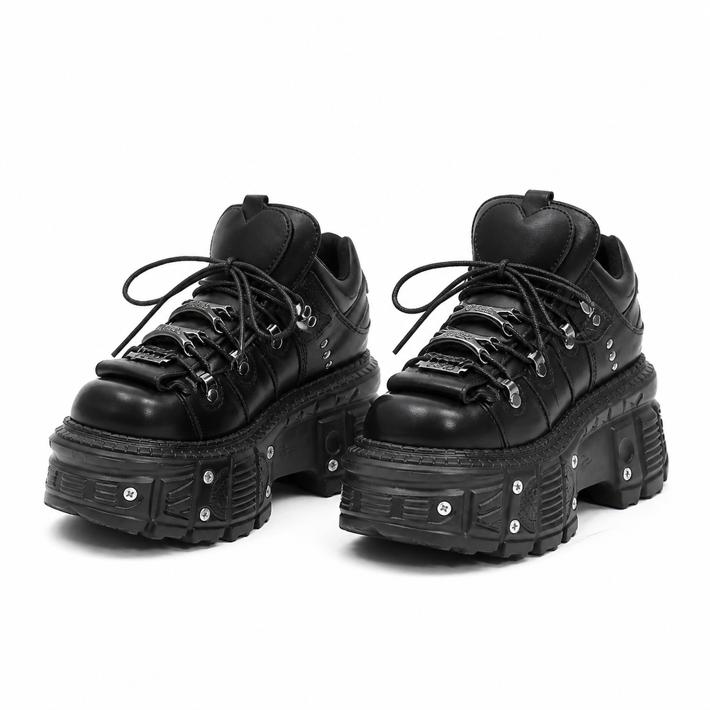 Grunge Black Lace-Up Platform Ankle Boots with Metal Details