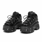 Grunge Black Lace-Up Platform Ankle Boots with Metal Details