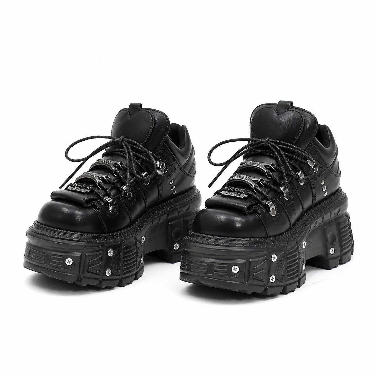 Grunge Black Lace-Up Platform Ankle Boots with Metal Details