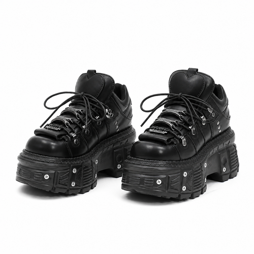 Grunge Black Lace-Up Platform Ankle Boots with Metal Details