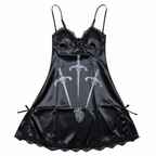 Black Lace-Trim Spaghetti-Strap Mini Dress with Sword Print
