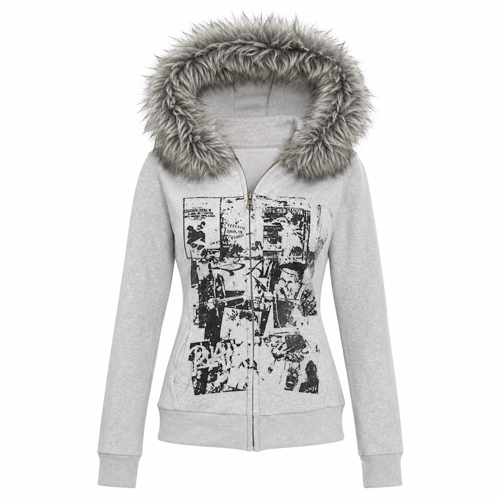 Faux Fur American Vintage Coats with Hooded Women's Y2K Sweatshirts Gothic Harajuku Subculture Punk Emo Sweatshirts and Jacket