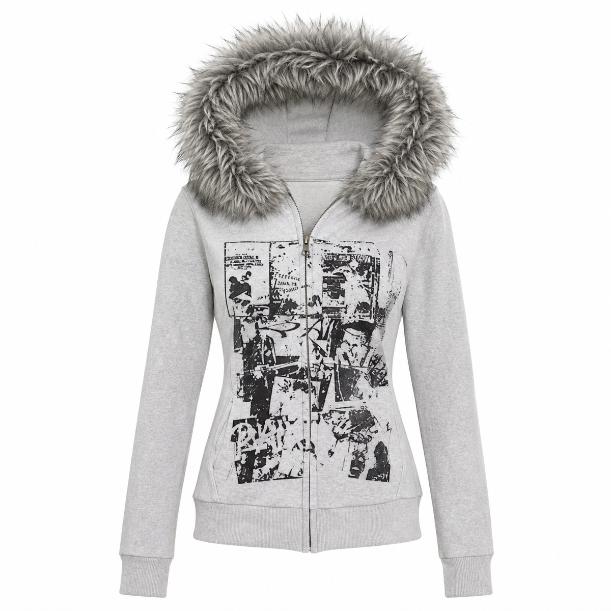 Faux Fur American Vintage Coats with Hooded Women's Y2K Sweatshirts Gothic Harajuku Subculture Punk Emo Sweatshirts and Jacket