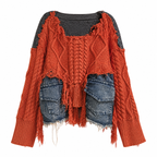 Grunge Patchwork Cable-Knit Pullover Sweater with Cargo Pockets