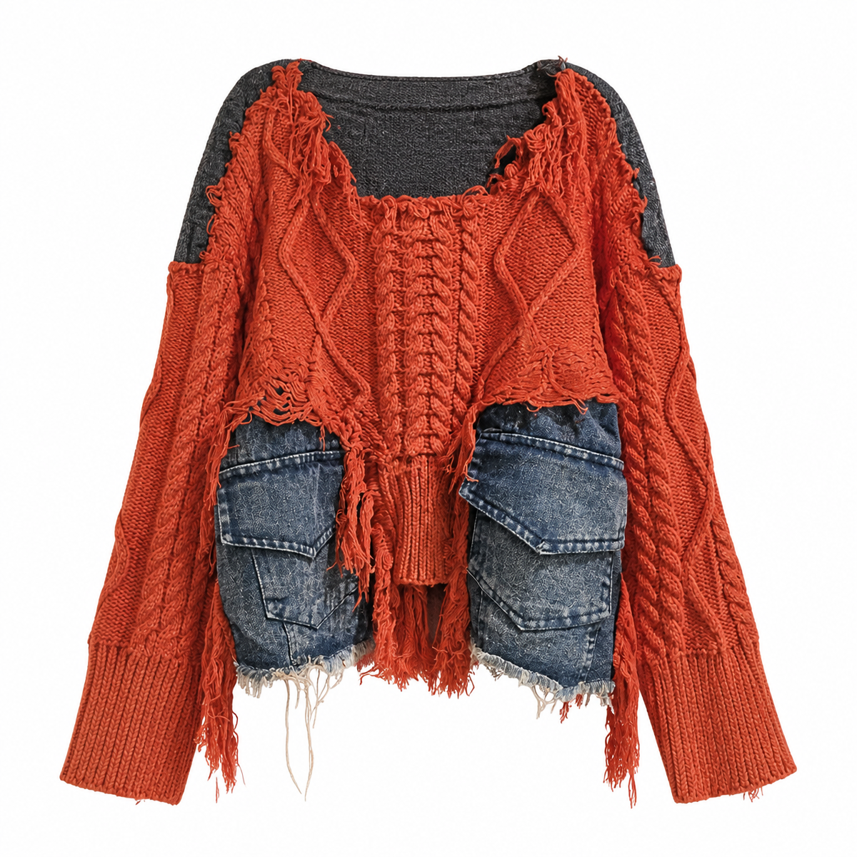 Grunge Patchwork Cable-Knit Pullover Sweater with Cargo Pockets