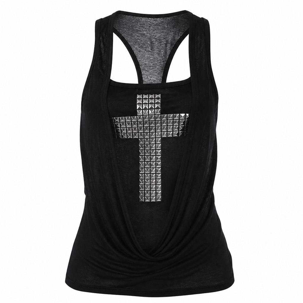 Grunge Black Sleeveless Cross-Embellished Camisole