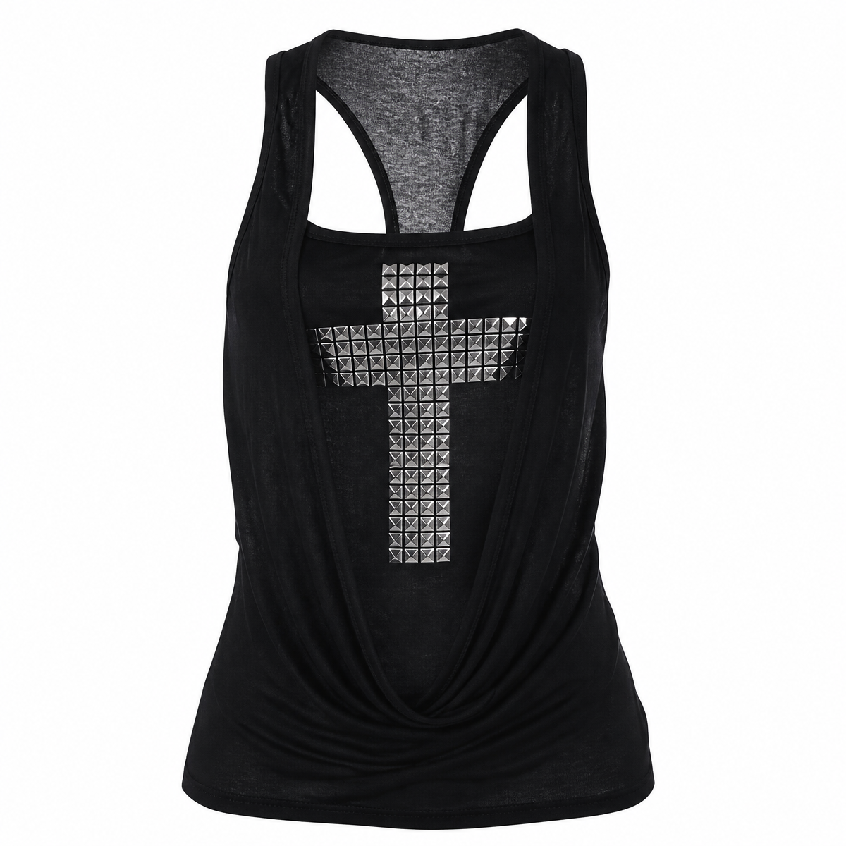 Grunge Black Sleeveless Cross-Embellished Camisole