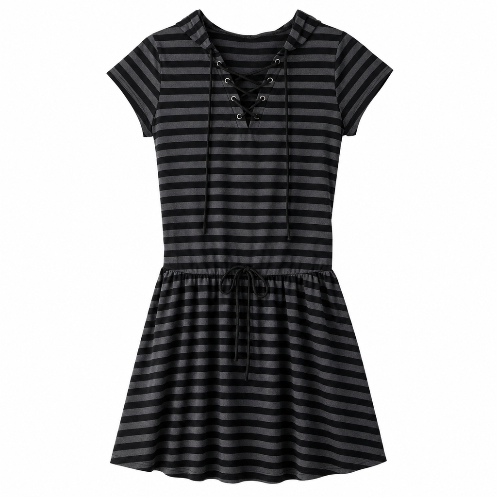 Women’s Black and Gray Striped Lace-Up Short-Sleeve Dress