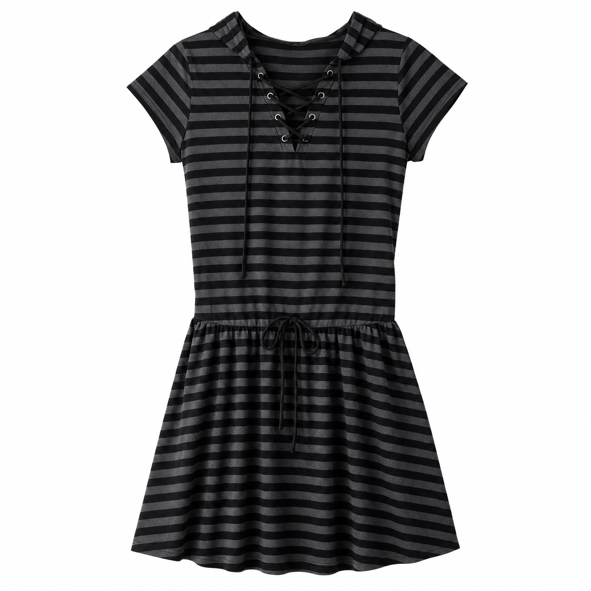 Women’s Black and Gray Striped Lace-Up Short-Sleeve Dress
