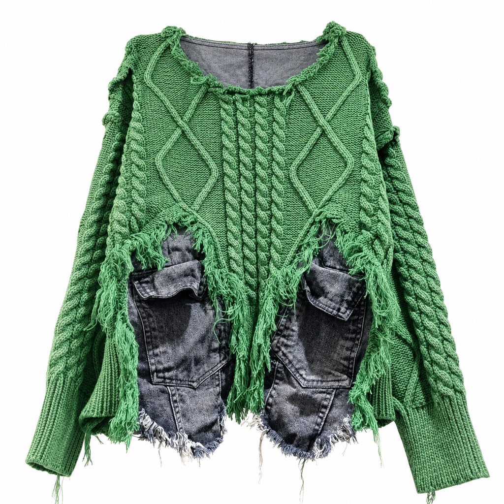 DEAT Green Patchwork Knit Pullover Sweater with Pocket Panels