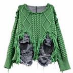 DEAT Green Patchwork Knit Pullover Sweater with Pocket Panels
