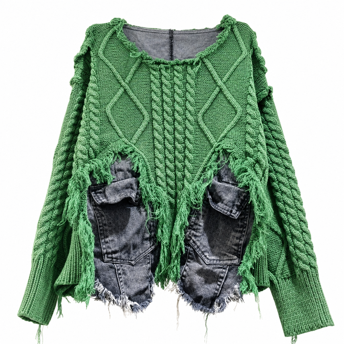 DEAT Green Patchwork Knit Pullover Sweater with Pocket Panels