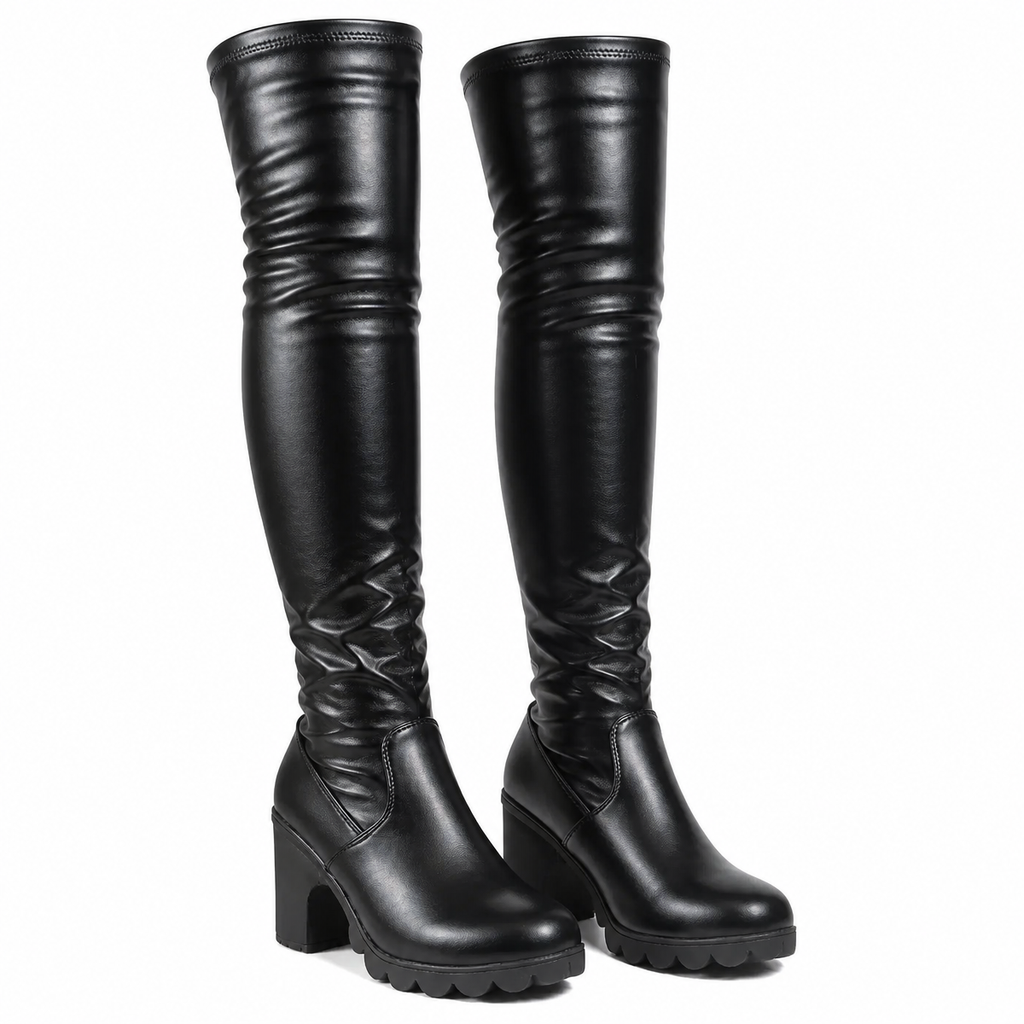 Grunge Black Over-the-Knee Stretch Boots with Block Heel