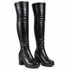Grunge Black Over-the-Knee Stretch Boots with Block Heel