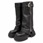 Women's Knee-High Platform Boots with Belt Detail and Square Toe