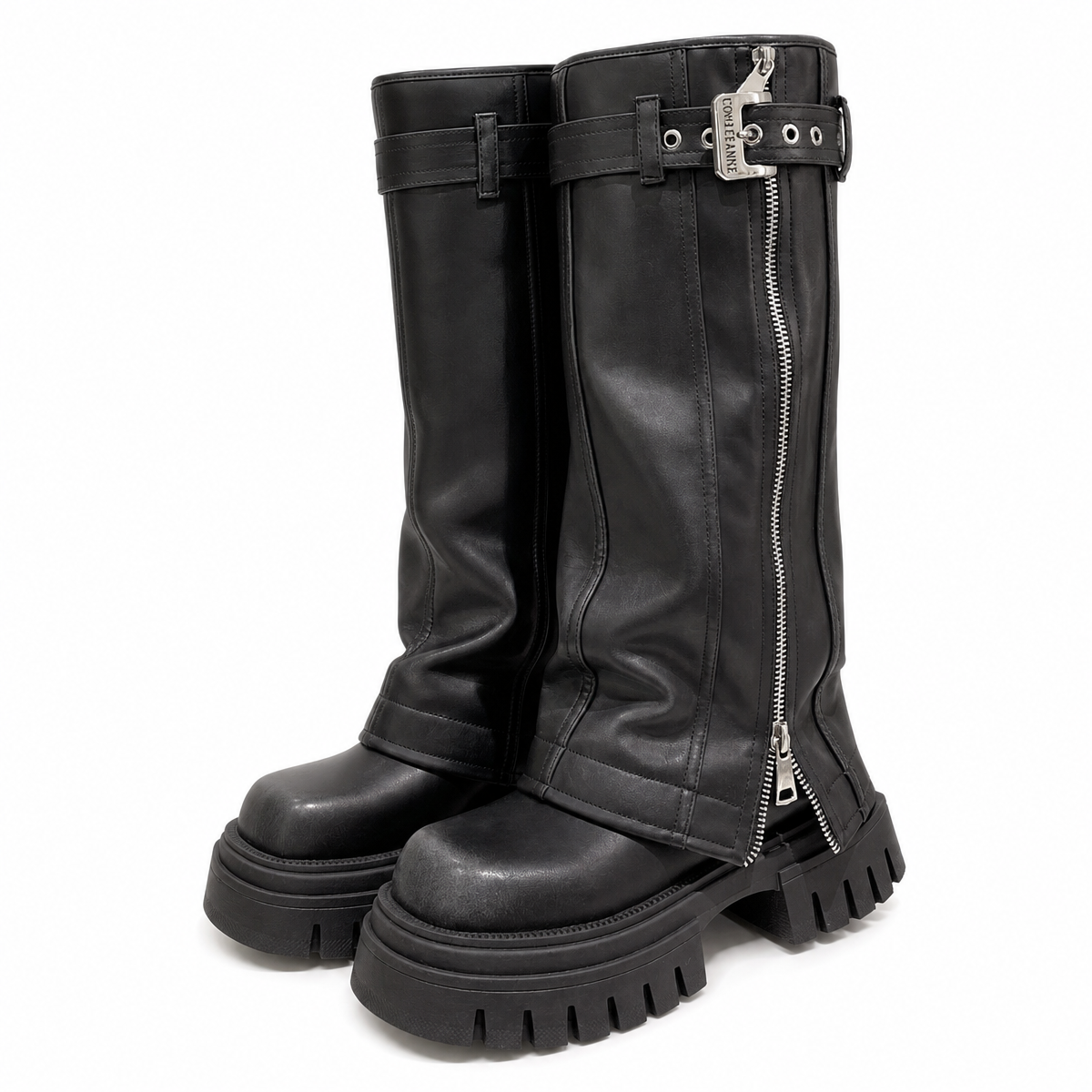 Women's Knee-High Platform Boots with Belt Detail and Square Toe