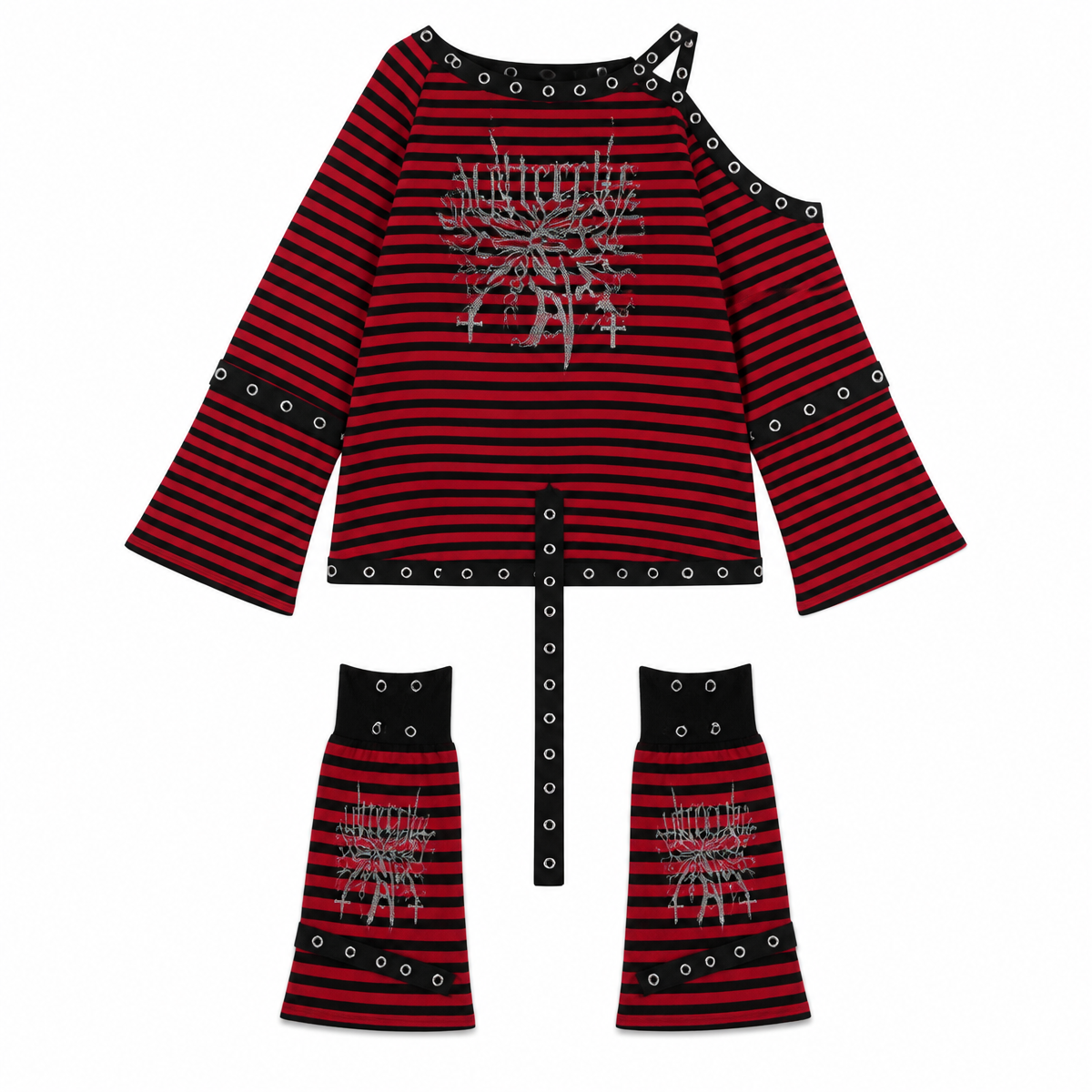 Grunge Striped Off-Shoulder T-Shirt with Hollow-Out Detail