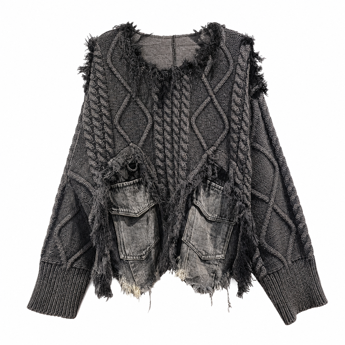 Women's Patchwork Knit Sweater with Denim Pockets