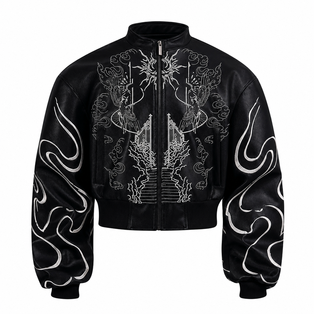Men’s Black Embroidered PU Leather Jacket