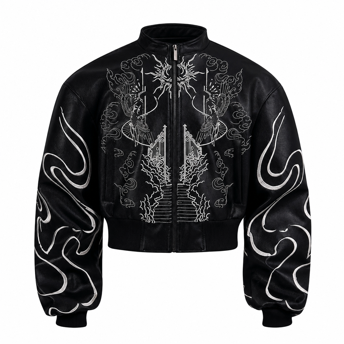 Men’s Black Embroidered PU Leather Jacket