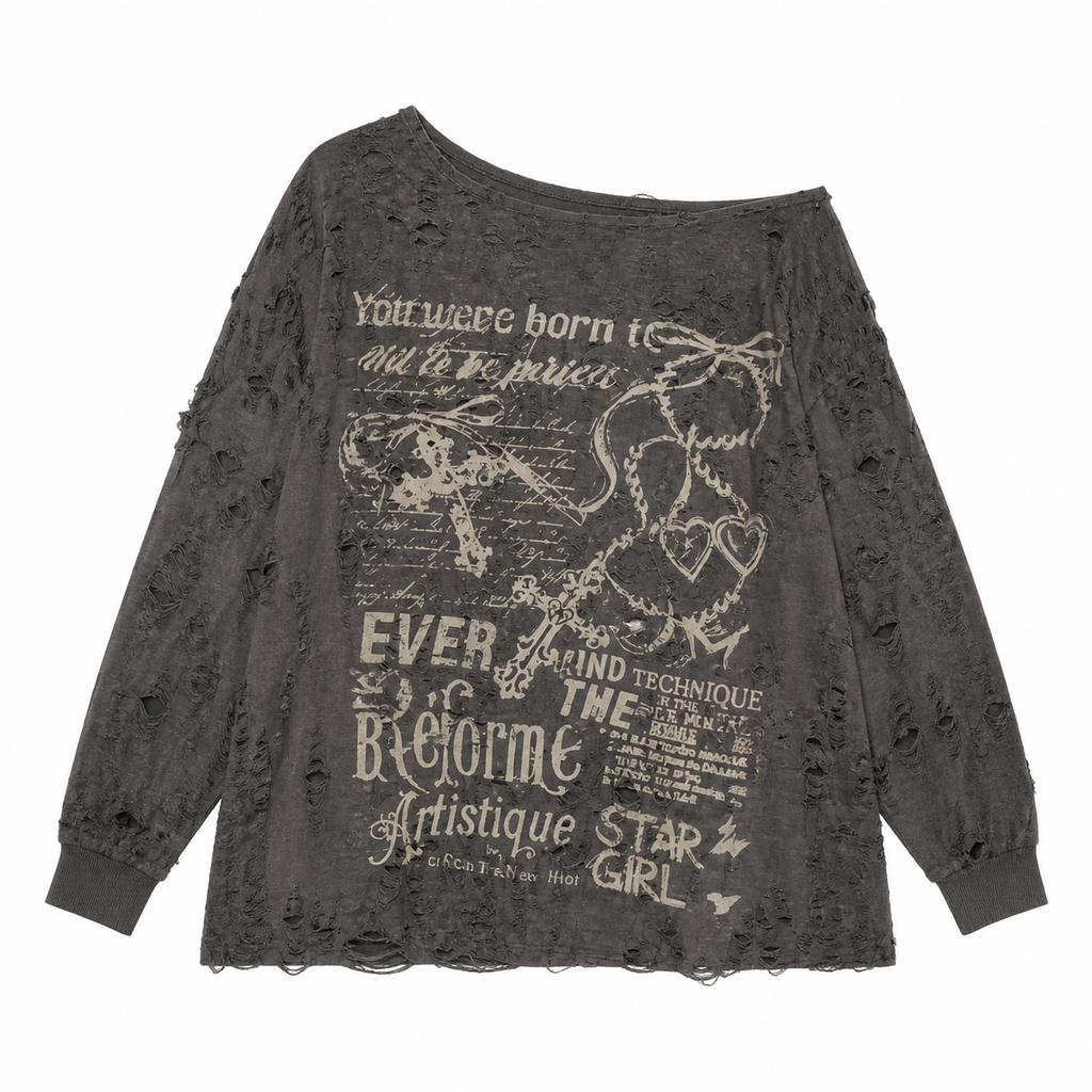 Grunge Distressed Off-Shoulder Graphic Long-Sleeve T-Shirt