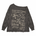 Grunge Distressed Off-Shoulder Graphic Long-Sleeve T-Shirt